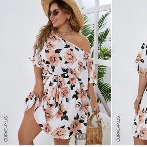 SHEIN floral asymmetrical neck belted dress 1x